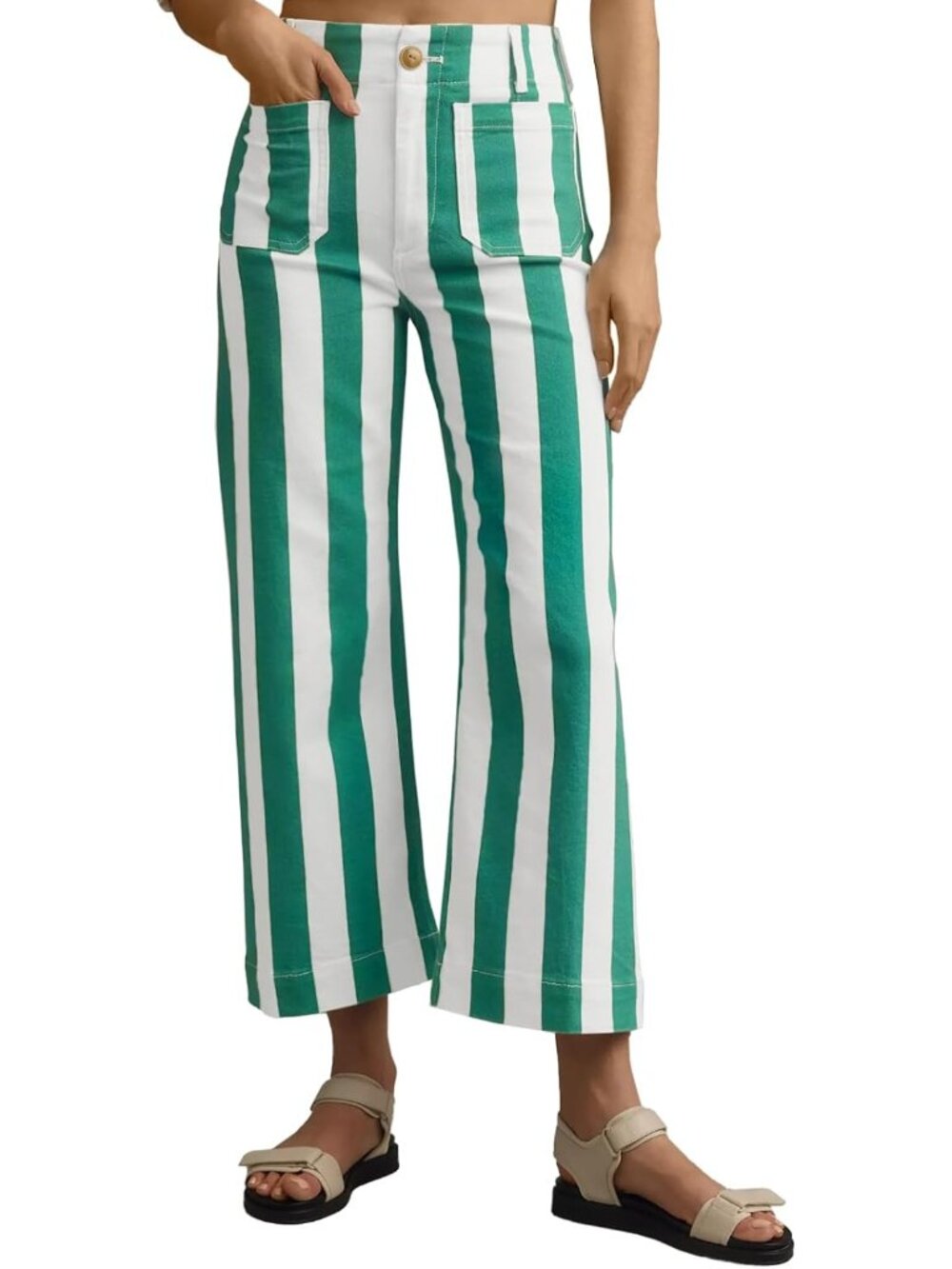 Women's Green Cropped Striped Jeans High Waisted Wide Leg Denim Pants